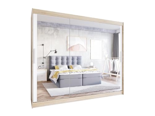Easy4You LIII 250 cm Sonoma/Weiß Schiebetüren Kleiderschrank 250x215x58 cm mit Spiegel - Schlafzimmermöbel, Aufbewahrung - Mehrzweckschrank