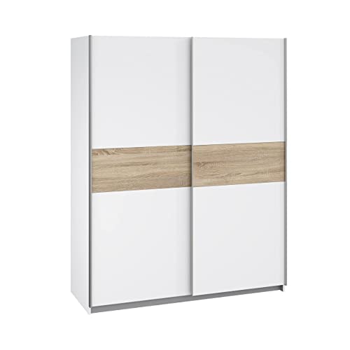 FORTE Winnie Schwebetürenschrank, Holzwerkstoff, Weiß kombiniert mit Sonoma Eiche Dekor, 61,2 x 150 x 190,5 cm
