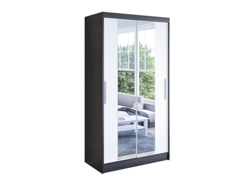 Easy4You K2 100 cm Schwarz/Weiß Schiebetüren Kleiderschrank 100x200x58 cm mit Spiegel - Schlafzimmermöbel, Aufbewahrung - Mehrzweckschrank