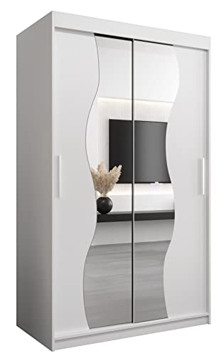 KRYSPOL Schwebetürenschrank Madryt 120 cm mit Spiegel Kleiderschrank mit Kleiderstange und Einlegeboden Schlafzimmer- Wohnzimmerschrank Schiebetüren Modern Design (Weiß)