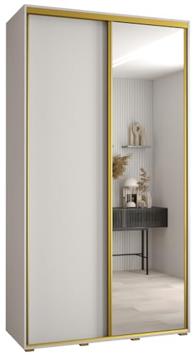MEBLE KRYSPOL Davos 3 130 Schrank mit Zwei Schiebetüren für Schlafzimmer - Moderner Kleiderschrank mit Spiegel, Kleiderstange und Regalen - 235,2x130x45 cm - Weiß Weiß Gold