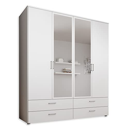 SPAZIO Kleiderschrank mit Spiegeltür in Weiß - Vielseitiger Drehtürenschrank 4-türig für Ihr Schlafzimmer - 184 x 199 x 48 cm (B/H/T)