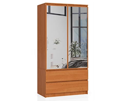 BDW Kleiderschrank 2 Türen 2 Schubladen 2 Spiegel für das Schlafzimmer Wohnzimmer Diele 180x90x51 (Erle)