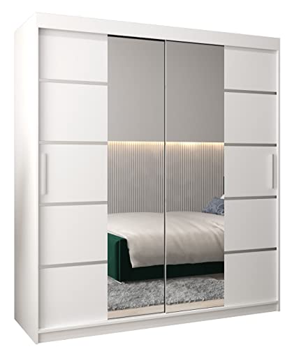 MEBLE KRYSPOL Verona 4 180 Schlafzimmerschrank mit Zwei Schiebetüren, Spiegel, Kleiderstange und Regalen – 180x200x62cm - Mattweiß