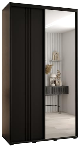 MEBLE KRYSPOL Cannes 7 Moderner Kleiderschrank mit 2 Schiebetüren mit Kleiderstange, Regalen und Spiegel - Aufbewahrungsschrank für Schlafzimmer, Wohnzimmer - 205,2x130x60 cm - Schwarz Schwarz Schwarz
