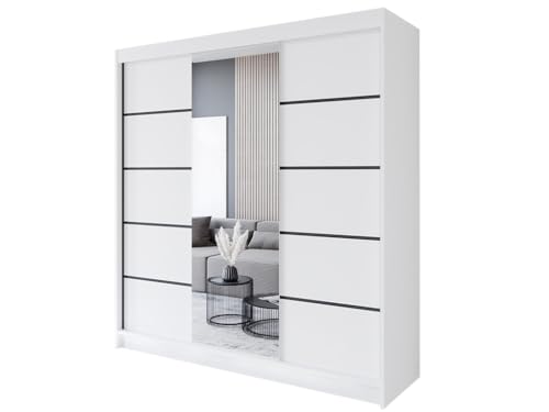 Easy4You R6 200 cm Weiß Schiebetüren Kleiderschrank 200x215x58 cm mit Spiegel - Schlafzimmermöbel, Aufbewahrung - Mehrzweckschrank