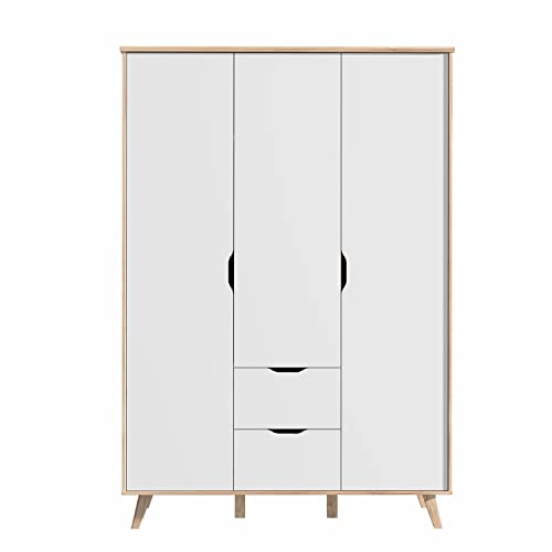 FORTE VANKKA Kleiderschrank mit 2 Türen und 2 Schubladen, Holzwerkstoff, Planked Eiche / Weiß, B/H/T: 139,4 / 201,5 / 52,7 cm