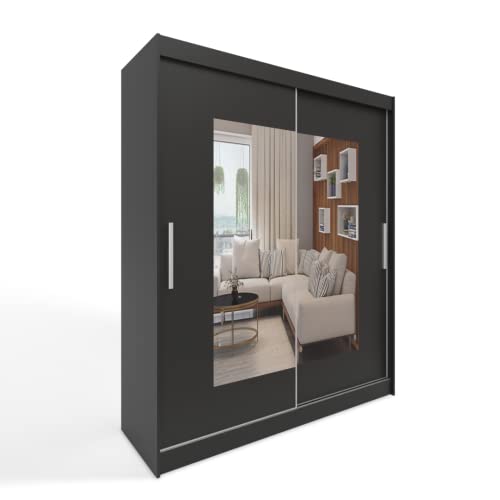 ML Furniture B7 Schiebetüren Kleiderschrank 180 x 215 x 58 cm mit Spiegel - Schlafzimmermöbel, Aufbewahrung - Mehrzweckschrank - Farbe: Schwarz - 2 Schiebetüren