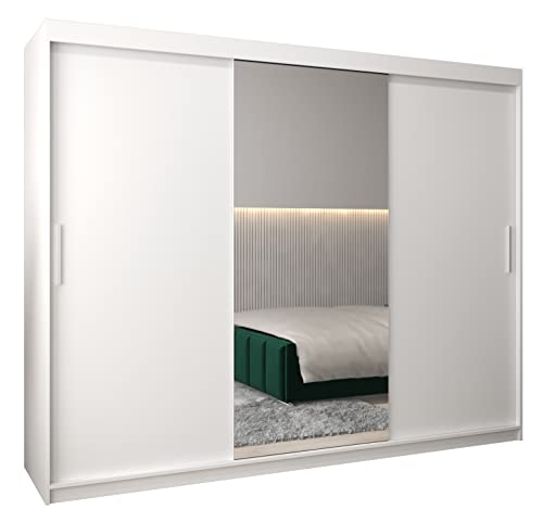 MEBLE KRYSPOL Tokyo 1 250 Schlafzimmerschrank mit DREI Schiebetüren, Spiegel, Kleiderstange und Regalen – 250x200x62cm - Mattweiß