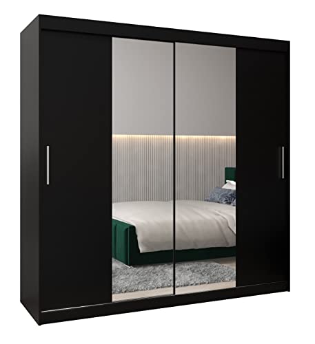 MEBLE KRYSPOL Tokyo 1 200 Schlafzimmerschrank mit Zwei Schiebetüren, Spiegel, Kleiderstange und Regalen – 200x200x62cm - Mattschwarz