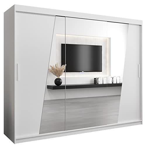 Kryspol Schwebetürenschrank Rhomb 250 cm mit Spiegel Kleiderschrank mit Kleiderstange und Einlegeboden Schlafzimmer- Wohnzimmerschrank Schiebetüren Modern Design (Weiß)