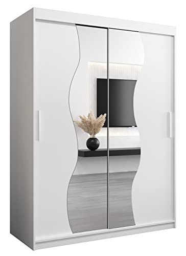 MEBLE KRYSPOL Schwebetürenschrank Madryt 150 cm mit Spiegel Kleiderschrank mit Kleiderstange und Einlegeboden Schlafzimmer- Wohnzimmerschrank Schiebetüren Modern Design (Weiß)