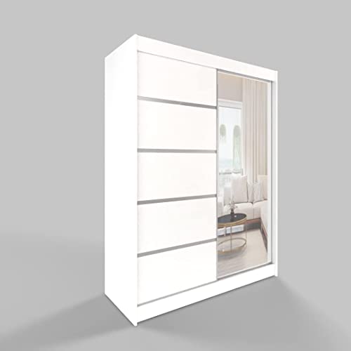 ML Furniture B3 Schiebetüren Kleiderschrank 200 x 215 x 58 cm mit Spiegel - Schlafzimmermöbel, Aufbewahrung - Mehrzweckschrank - Farbe: Weiß - 2 Schiebetüren