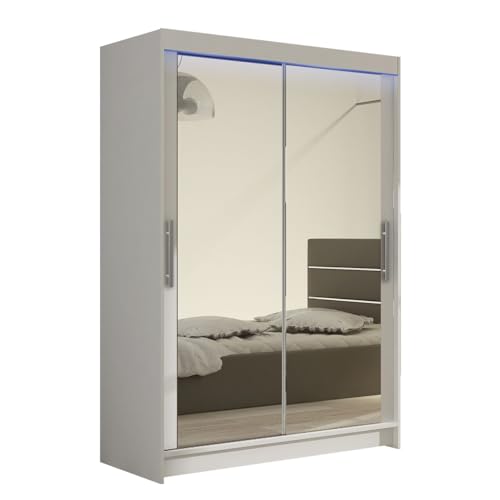 Mirjan24 Schwebetürenschrank Kleiderschrank Miami VII mit Spiegel, Modernes Schiebetürenschrank, Schlafzimmerschrank, Garderobe, Schlafzimmer (Weiß, mit RGB LED Beleuchtung)