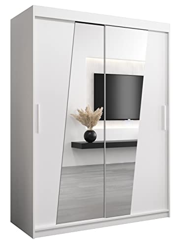 Kryspol Schwebetürenschrank Rhomb 150 cm mit Spiegel Kleiderschrank mit Kleiderstange und Einlegeboden Schlafzimmer- Wohnzimmerschrank Schiebetüren Modern Design (Weiß)