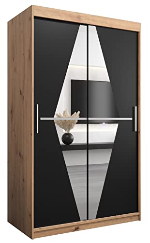 Kryspol Schwebetürenschrank Boliwia 120 cm mit Spiegel Kleiderschrank mit Kleiderstange und Einlegeboden Schlafzimmer- Wohnzimmerschrank Schiebetüren Modern Design (Artisan Eiche + Schwarz)