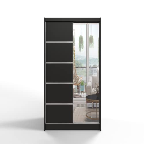 ML Furniture D3 Schiebetüren Kleiderschrank 100 cm mit Spiegel - Schlafzimmermöbel, Aufbewahrung - Mehrzweckschrank - Farbe: Schwarz