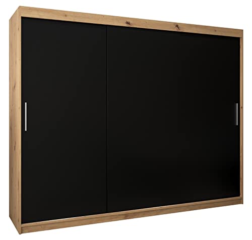 MEBLE KRYSPOL Tokyo 250 Kleiderschrank mit DREI Schiebetüren für Schlafzimmer – moderner Aufbewahrungsschrank mit Kleiderstange und Regalen – 250x200x62cm - Artisan + Mattschwarz