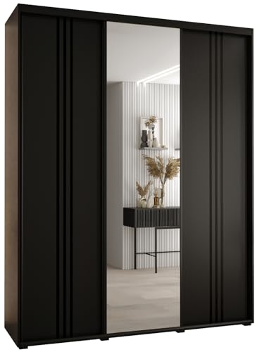 MEBLE KRYSPOL Davos 7 200 Schlafzimmerschrank mit DREI Schiebetüren - Moderner Aufbewahrungsschrank mit Spiegel, Kleiderstange und Regalen - 235,2x200x45 cm - Schwarz Schwarz Schwarz