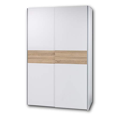 PULS Eleganter Kleiderschrank mit viel Stauraum - Vielseitiger Schwebetürenschrank in Weiß, Bauchbinde Eiche Sonoma - 125 x 195 x 58 cm (B/H/T)
