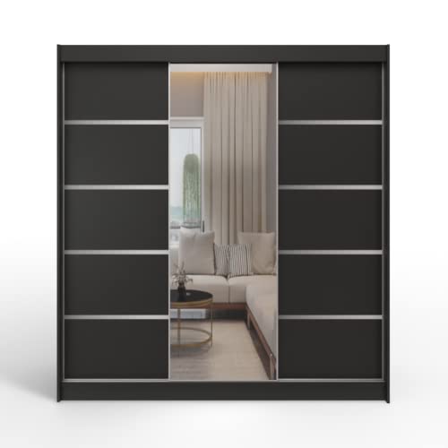 ML Furniture D6 Schiebetüren Kleiderschrank 200 cm mit Spiegel - Schlafzimmermöbel, Aufbewahrung - Mehrzweckschrank - Farbe: Schwarz - 3 Schiebetüren