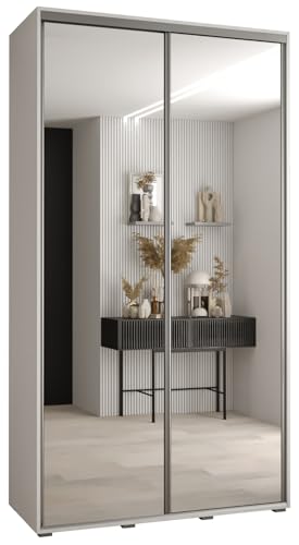 MEBLE KRYSPOL Davos 2 130 Schrank mit Zwei Schiebetüren für Schlafzimmer - Moderner Kleiderschrank mit Spiegel, Kleiderstange und Regalen - 235,2x130x60 cm - Weiß Weiß Silber