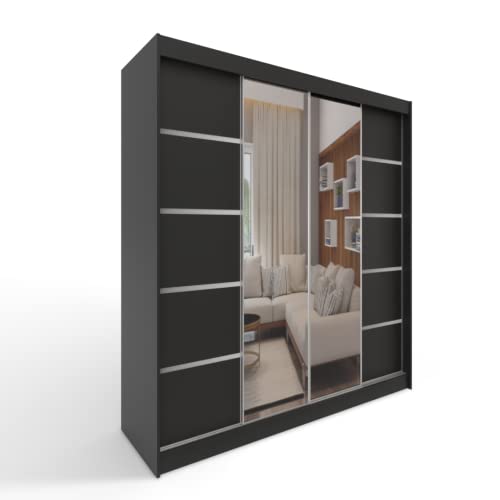 ML Furniture C5 Schiebetüren Kleiderschrank 150 x 200 x 58 cm mit Spiegel - Schlafzimmermöbel, Aufbewahrung - Mehrzweckschrank - Farbe: Schwarz - 2 Schiebetüren