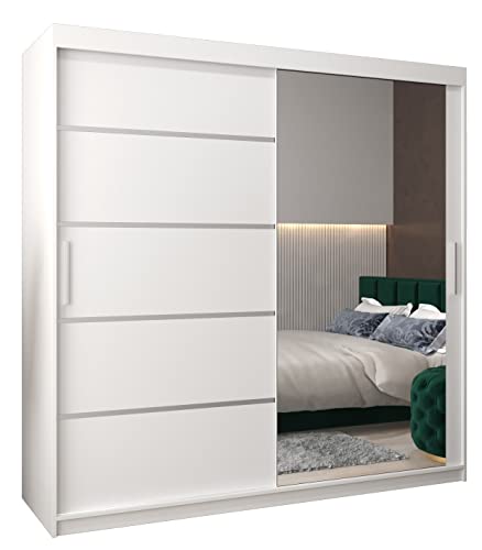 MEBLE KRYSPOL Verona 2 200 Schlafzimmerschrank mit Zwei Schiebetüren, Spiegel, Kleiderstange und Regalen – 200x200x62cm - Mattweiß