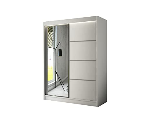 ALTDECOR Kleiderschrank mit Spiegel und Schiebetüren, kugelgelagerte Führungsschienen und Aluminium-Leisten - PAOKI - 200 cm Weiß
