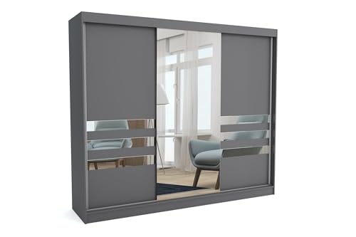 Brent - Kleiderschrank mit Spiegel Henry, 250cm Breit, Schlafzimmerschrank mit 1 Kleiderstange und Einlegeböden für Kleidung, Kleiderschrank Grau