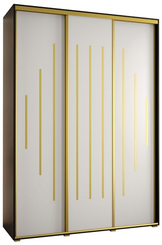 MEBLE KRYSPOL Davos 12 180 Schrank mit DREI Schiebetüren für Schlafzimmer - Moderner Aufbewahrungsschrank mit Kleiderstange und Regalen - 235,2x180x45 cm - Schwarz Weiß Gold