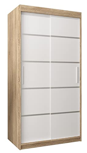 MEBLE KRYSPOL Schwebetürenschrank Verona 1 100 cm Kleiderschrank mit Kleiderstange und Einlegeboden Schlafzimmer- Wohnzimmerschrank Schiebetüren Modern Design (Schubladen: 0, Sonoma + Weiß)