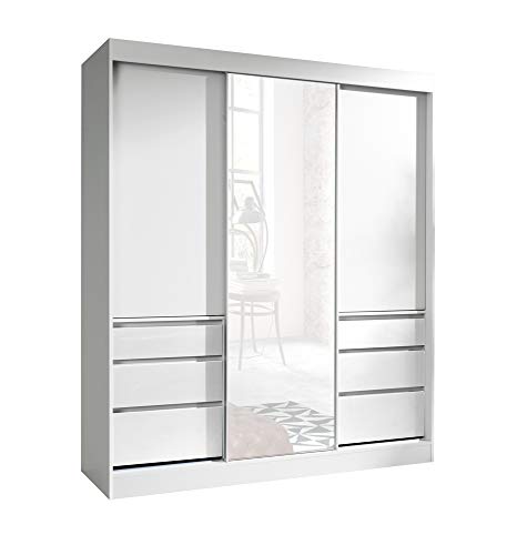 FurnitureByJDM Modern - Kompakt - Schiebetür Kleiderschrank mit Spiegel - Haiti - B: 180cm - H: 216cm - T: 65cm - (Weiß/Weiß)