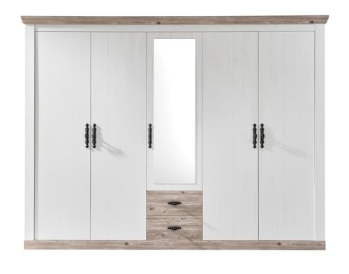Furn.Design Kleiderschrank in weiß Pinie und Oslo Pinie Landhaus Drehtürenschrank 5-türig mit Spiegel Schlafzimmer Schrank 265 x 201 cm Rovola (Kleiderschrank 3)
