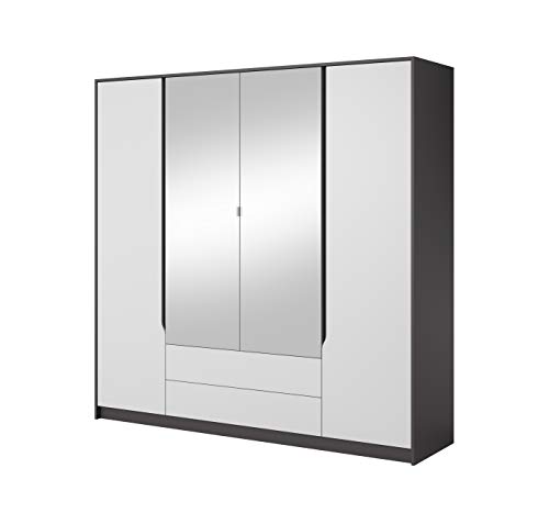 MOEBLO Kleiderschrank mit Spiegel mit Zwei Schubladen Schrank für Schlafzimmer 4 Türig - Soft A 200 Grau Graphite + Weiß - mit Spiegel
