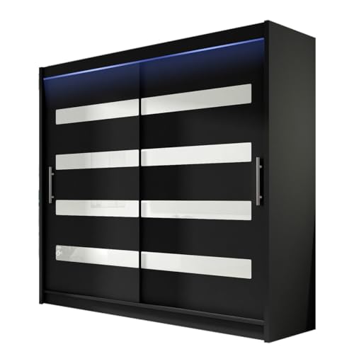 Mirjan24 Schwebetürenschrank London XI Kleiderschrank, Schlafzimmerschrank, Schiebetürenschrank, Garderobe, Schlafzimmer, Diele und Flur (schwarz/schwarz + weiß lacobel, mit RGB LED Beleuchtung)