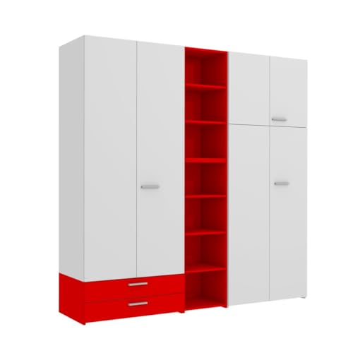 MOBILFINO CAMERETTE ARM5 - Kleiderschrank mit Flügeltüren mit zentralem Bücherregal mit Schubladen und Regalen L.225 H 225,8 P 58,2 - Weiß und Rot