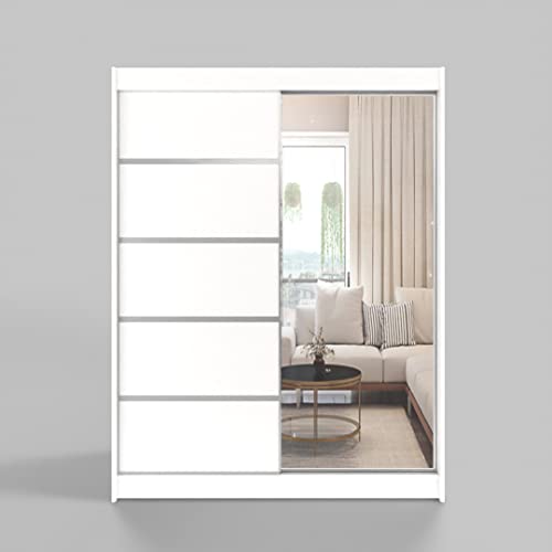 ML Furniture L3 Schiebetüren Kleiderschrank 120 cm mit Spiegel - Schlafzimmermöbel, Aufbewahrung - Mehrzweckschrank - Farbe: Weiß