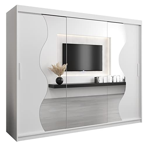 KRYSPOL Schwebetürenschrank Madryt 250 cm mit Spiegel Kleiderschrank mit Kleiderstange und Einlegeboden Schlafzimmer- Wohnzimmerschrank Schiebetüren Modern Design (Weiß)