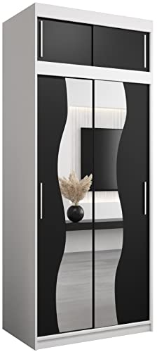KRYSPOL Schwebetürenschrank Madryt 100 cm mit Spiegel Kleiderschrank mit Kleiderstange und Einlegeboden Schlafzimmer- Wohnzimmerschrank Schiebetüren Modern Design (Weiß + Schwarz mit Erweiterung)