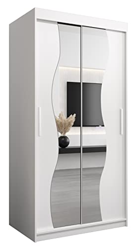 KRYSPOL Schwebetürenschrank Madryt 100 cm mit Spiegel Kleiderschrank mit Kleiderstange und Einlegeboden Schlafzimmer- Wohnzimmerschrank Schiebetüren Modern Design (Weiß)