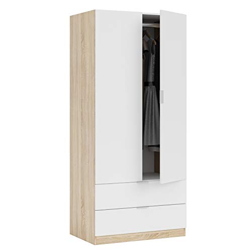 Kleiderschrank mit zwei Türen und zwei Schubladen unten, Eichenfarbe mit weißen Türen, 81,5 x 180 x 52 cm.