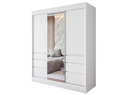 Easy4You L1 180 cm Weiß Schiebetüren Kleiderschrank 180x216x65 cm mit Spiegel - Schlafzimmermöbel, Aufbewahrung - Mehrzweckschrank
