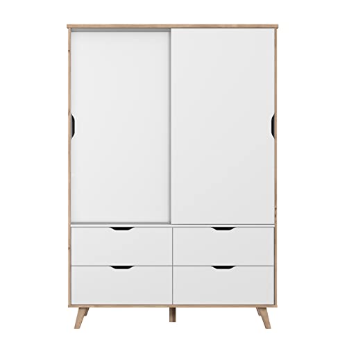 FORTE VANKKA Kleiderschrank mit 2 Türen und 4 Schubladen, Holzwerkstoff, Planked Eiche / Weiß, 139.4 x 201.5 x 52.7 cm