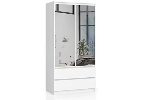 BDW Kleiderschrank 2 Türen 2 Schubladen 2 Spiegel für das Schlafzimmer Wohnzimmer Diele 180x90x51 (Weiß), ONE SIZE