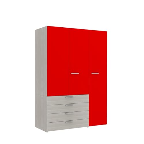 MOBILFINO CAMERETTE ARM2 - Kleiderschrank mit Flügeltüren mit Kleiderrohr, Regalen und Schubladen L.135 H 193,8 P 58,2 - Rock Eiche und Rot