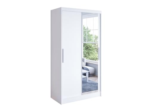 Easy4You K6 100 cm Weiß Schiebetüren Kleiderschrank 100x200x58 cm mit Spiegel - Schlafzimmermöbel, Aufbewahrung - Mehrzweckschrank