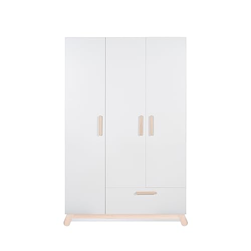 roba Kleiderschrank 'Clara' 3-trg. in weiß, mit Füßen und Griffen aus Buche Echtholz, HxBxT: 200 x 135 x 52 cm