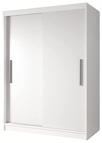 Schiebetürenschrank, eleganter Kleiderschrank Schrank Garderobe Neomi 04, Schlafzimmer- Wohnzimmerschrank Schiebetüren Modern Design (Weiß/Weiß)