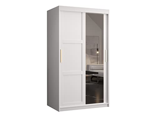 Mirjan24 Kleiderschrank Rotuni II, Schlafzimmerschrank mit 2 Kleiderstangen Spiegel und Fächer, Schiebetürenschrank Garderobeschrank Schlafzimmerschrank (Modell 100, Weiß/Weiß)